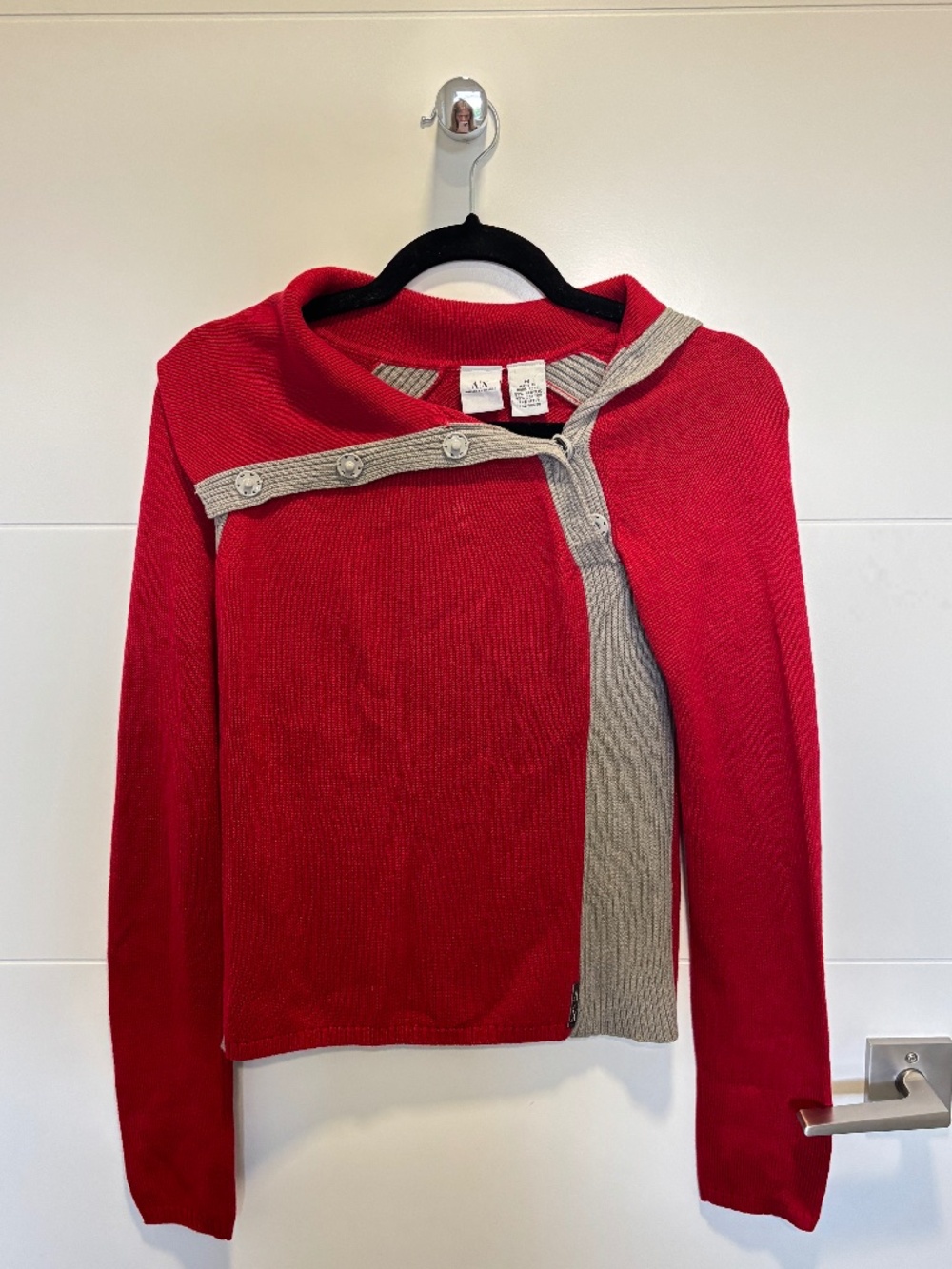 A|X Armani Exchange Red Gray Asymmetrical Button Sweater Size M